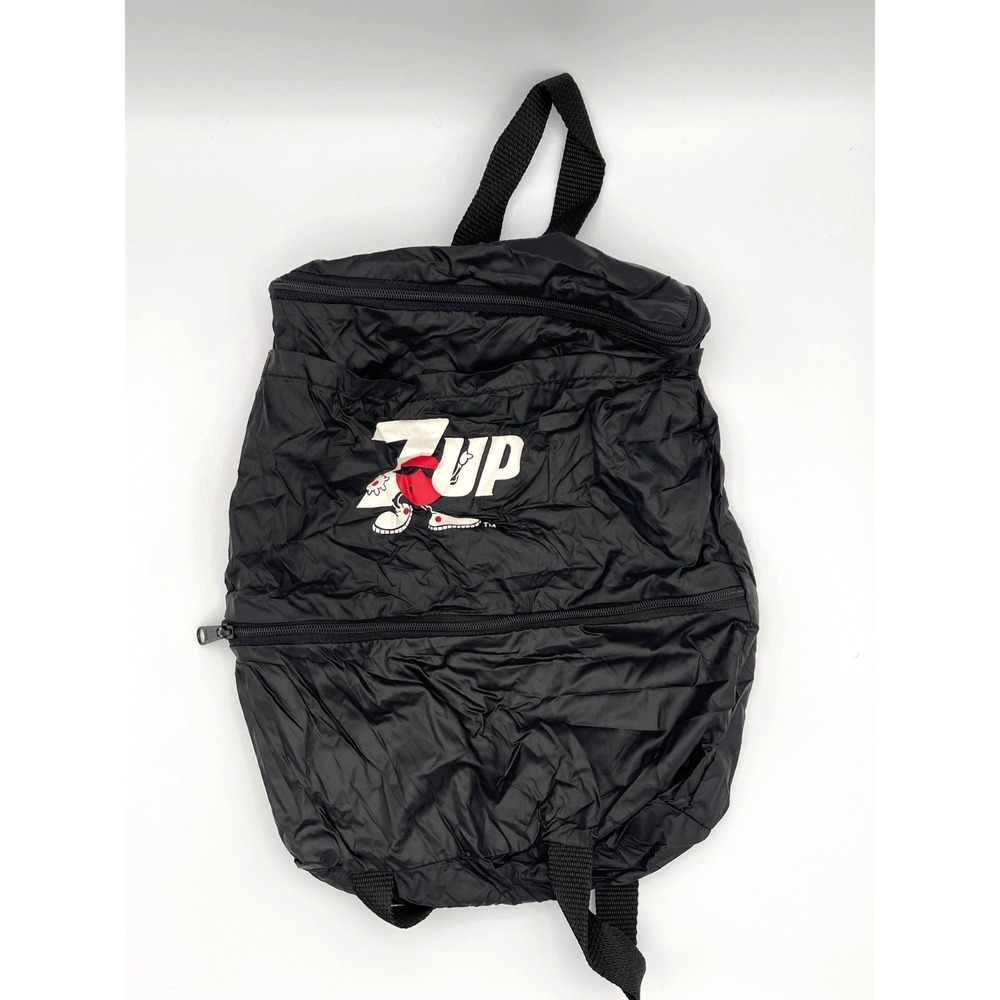 VTG NOS 7UP Cool Spot Zipper Backpack Black Nylon Bag 90s Soda Advertising